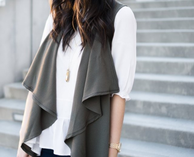 Gray sleeveless waterfall cardigan with white blouse with half sleeves