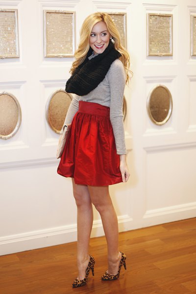 gray sweater with black infinity scarf and red mini skirt