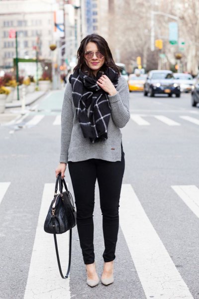 gray sweater with plaid scarf and pale pink ballet flats