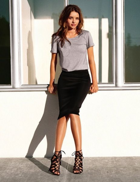 gray t-shirt with black midi skirt and strappy lace-up
sandals