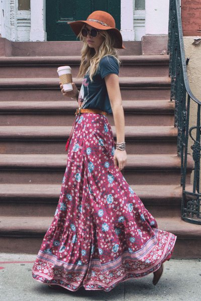 Gray t-shirt with floor length flowy printed skirt