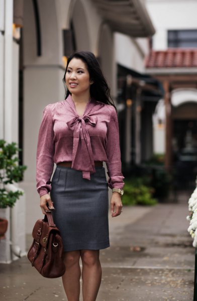 Gray tie front blouse with matching pencil skirt