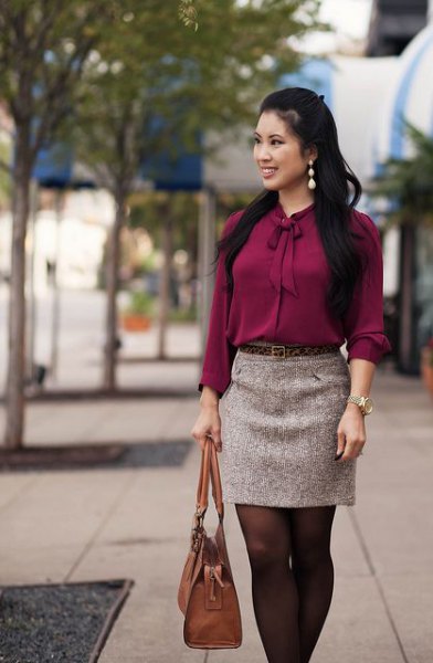 gray blouse with tie collar, mini skirt and brown tights