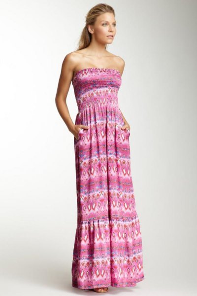 Gray strapless maxi dress with gathered waist and tribal print