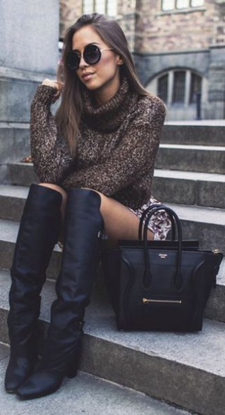 gray turtleneck sweater with printed mini skirt and square-toe over-the-knee boots