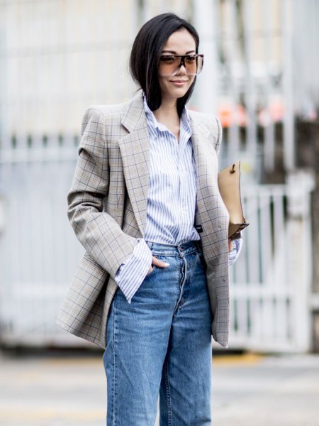 Gray oversized tweed blazer with blue high-rise jeans