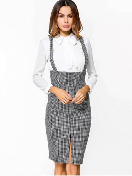 Gray tweed suspender midi bodycon skirt with white shirt