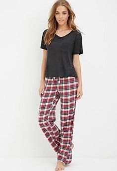 Gray v-neck t-shirt and checked relaxed fit pants