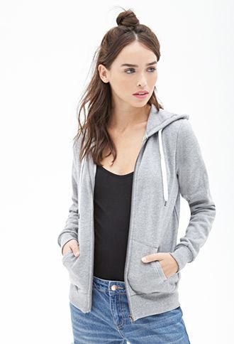 Gray zip hoodie, black scoop neck tank top and skinny jeans