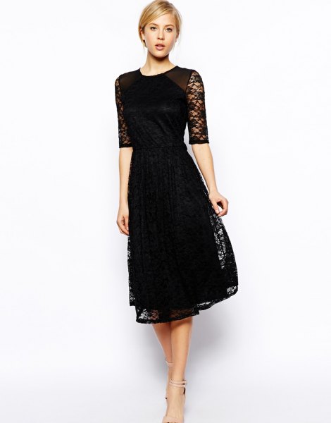 Half sleeve black lace flared dress