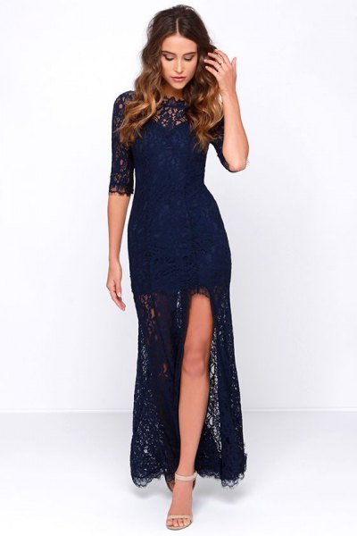 Midnight blue maxi high low bodycon maxi dress with half sleeves