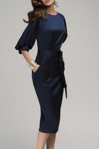 Navy blue midi dress with half length silk sleeves and tie waist