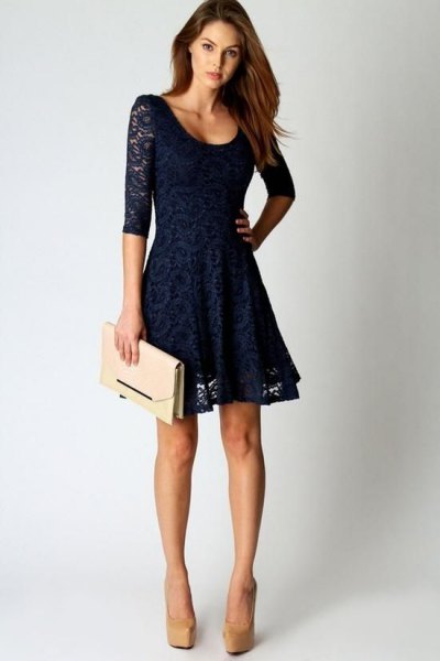 Midnight blue lace mini dress with half sleeves and a scoop neckline