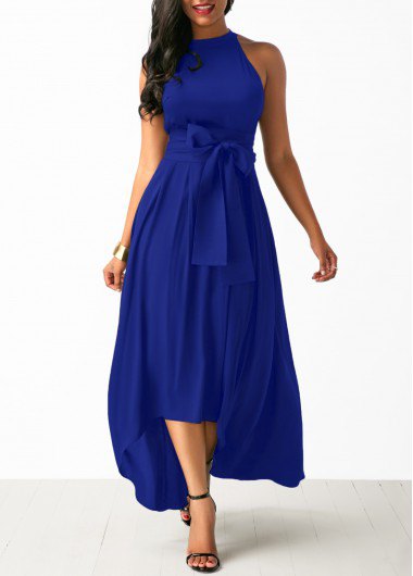 Halter fit and flared maxi maxi dress with tie waist and open toe heels