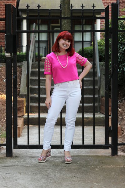 Pink mesh top with white jeans and blush ballet flats