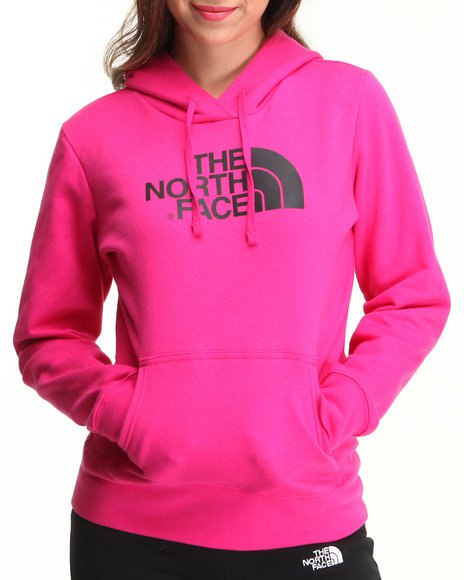 North Face pink hoodie with black nylon athletic pants