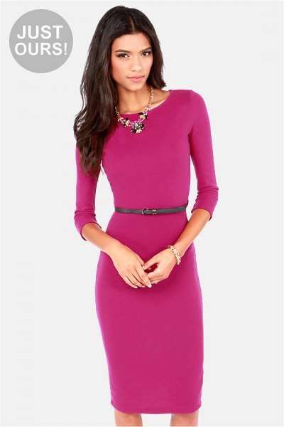 Pink bodycon midi dress with three quarter sleeves and belt