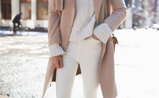 Ivory chunky sweater with blush coat and cream jeans