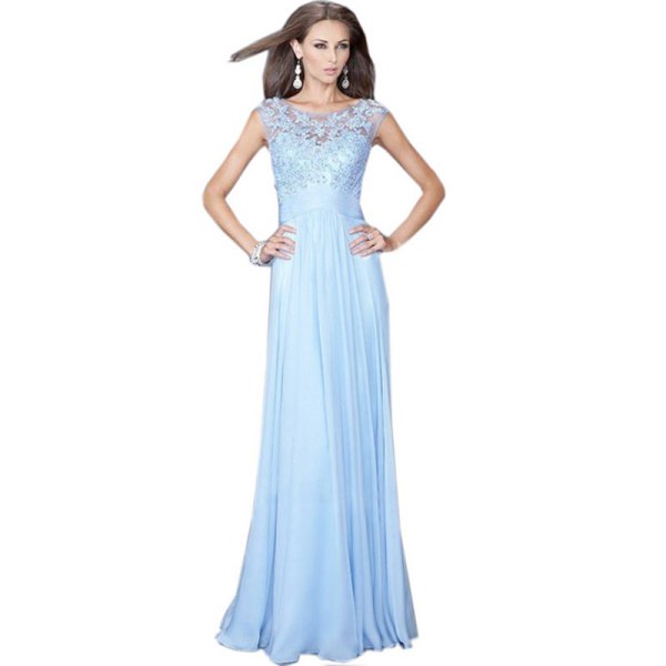 Floor-length, fitted and flared chiffon dress with lace
