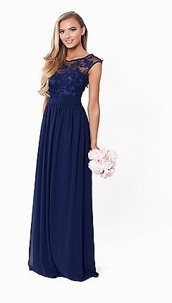 Navy blue maxi dress with a lace fit and flared pleats
