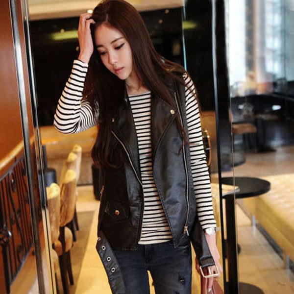 Leather biker vest with black and white striped long-sleeved t-shirt
