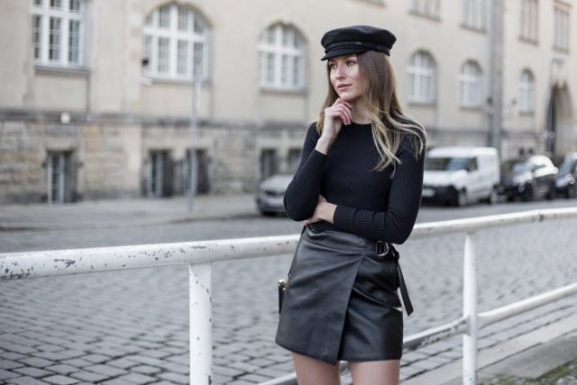 Leather painter's hat with long sleeve fitted tee and moto wrap mini skirt