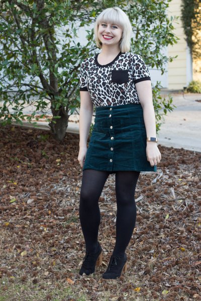 Leopard print t-shirt and button front mini skirt