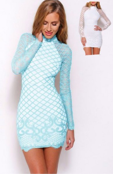 Light Blue and White Cross Print Long Sleeve Bodycon Mini Dress