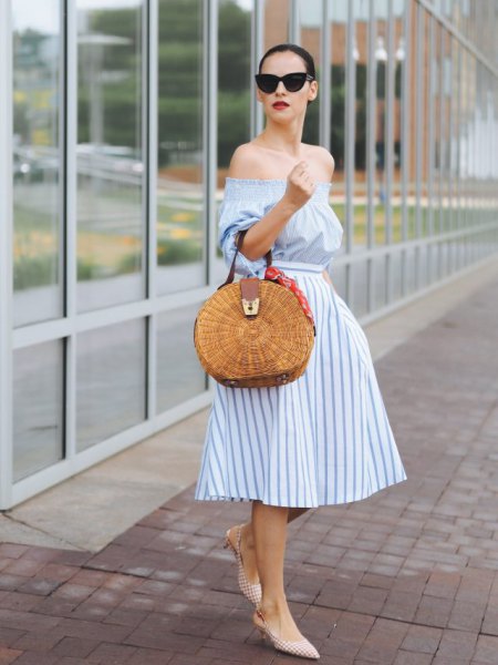 Light blue and white striped off the shoulder flared midi dress