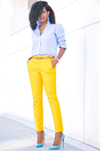 Light blue button down shirt and yellow slim fit pants