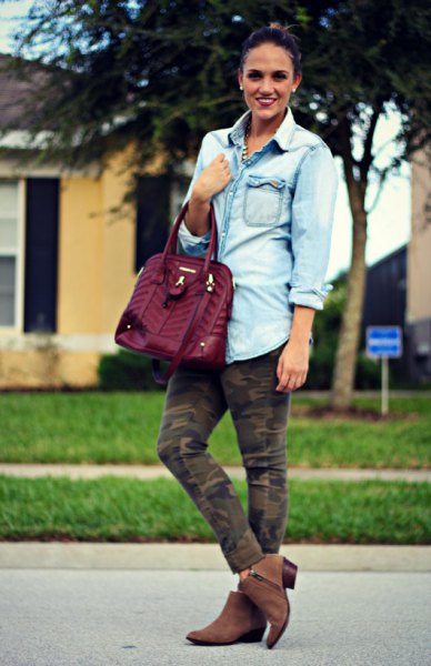 Light blue button down chambray boyfriend shirt, ankle length jeans and suede boots
