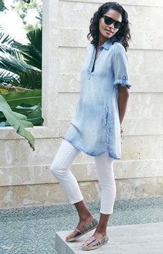 Light blue chambray tunic polo shirt with short sleeves and white leggings