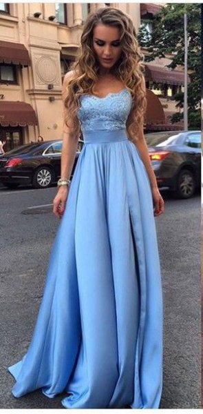 Light blue lace and silk flared ball gown