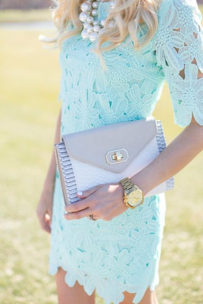 Light blue lace half sleeve bodycon dress with matching clutch bag