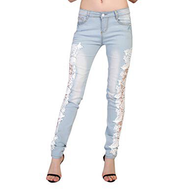 Light blue lace jeans with black ankle straps and open toe
heels