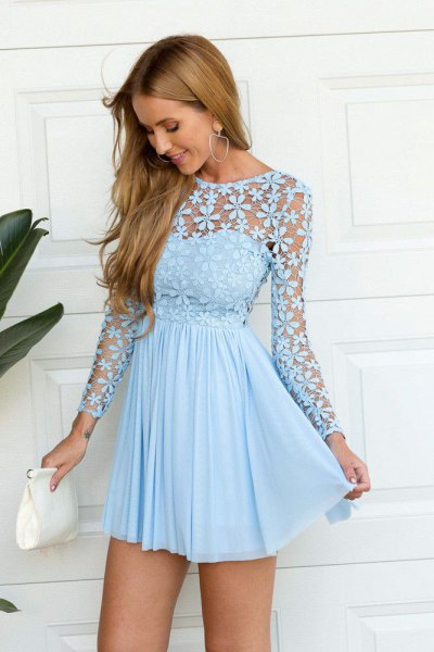 Light blue long sleeve flared fitted short pleated dress