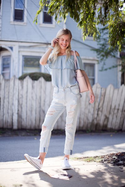 Light blue off the shoulder chiffon blouse with white ripped boyfriend jeans