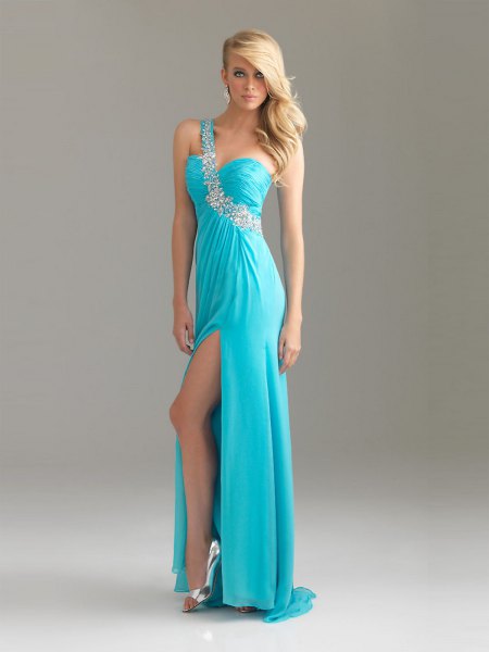 Light blue maxi prom dress with one strap and sweetheart neckline