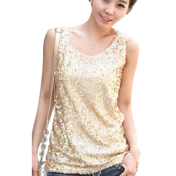 Light gold sequin tank top with dark blue jeans