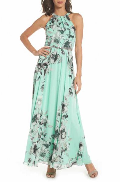 Light green floral printed belted maxi dress with open heels