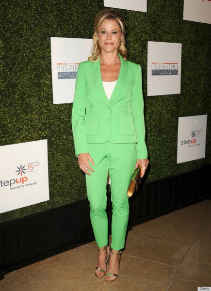 Light green suit with white scoop neck t-shirt and silver heels