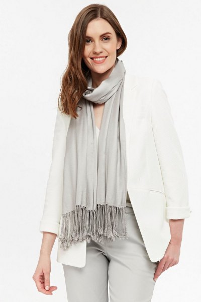 Light gray fringed scarf and white oversized blazer