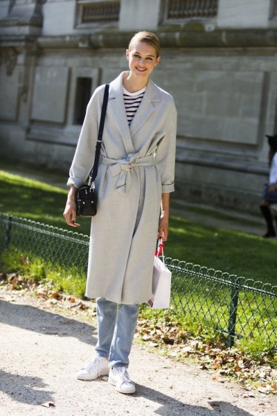 Light Gray Belted Mid-Length Coat and Blue Boyfriend Jeans