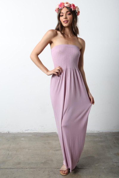 Light gray strapless flared maxi dress with nude sandals
