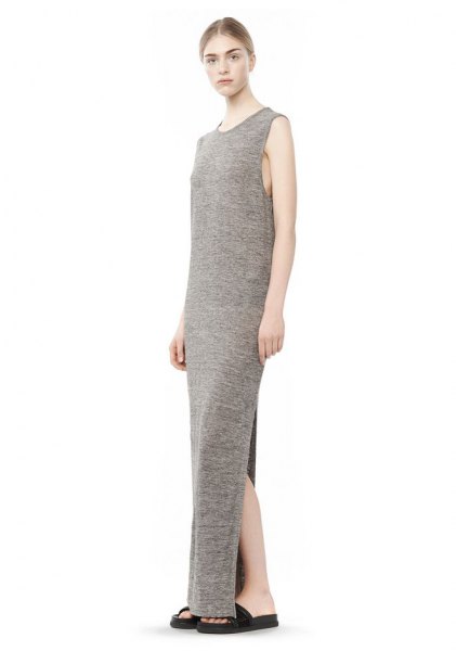 Light gray heather jersey knit sleeveless maxi dress with high slit
