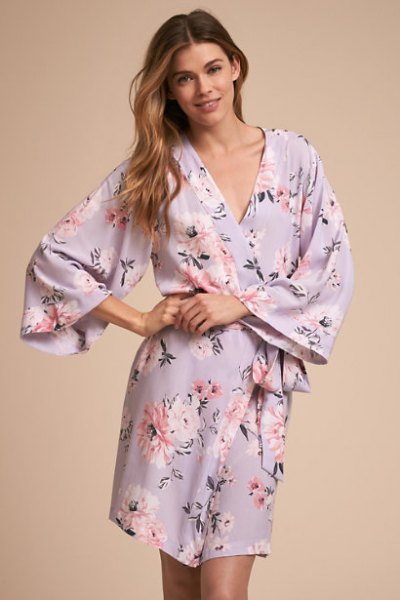 Pale pink and white floral bathrobe