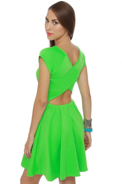Lime green mini skater dress with open back