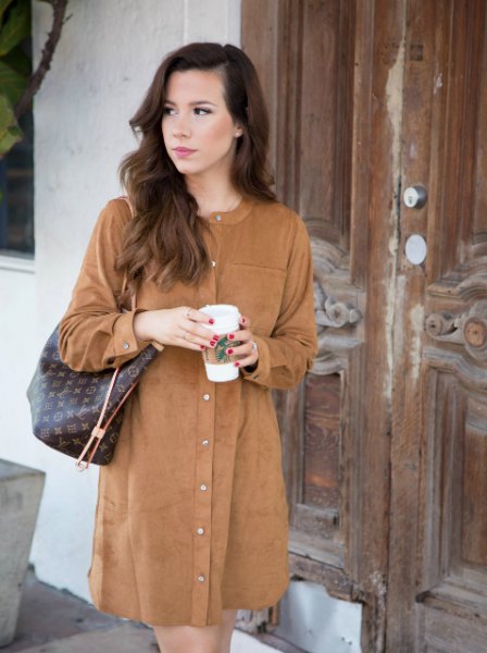 Brown suede long sleeve button down mini dress with dark green
leather handbag