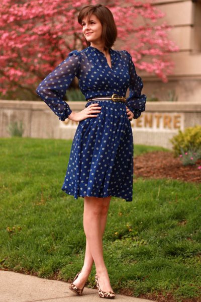 Long sleeve knee length belted blue polka dot chiffon dress