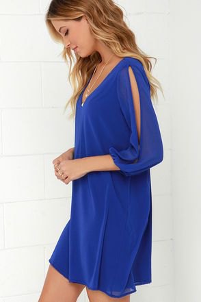 Long-sleeved mini shift dress with a cutout and a V-neckline